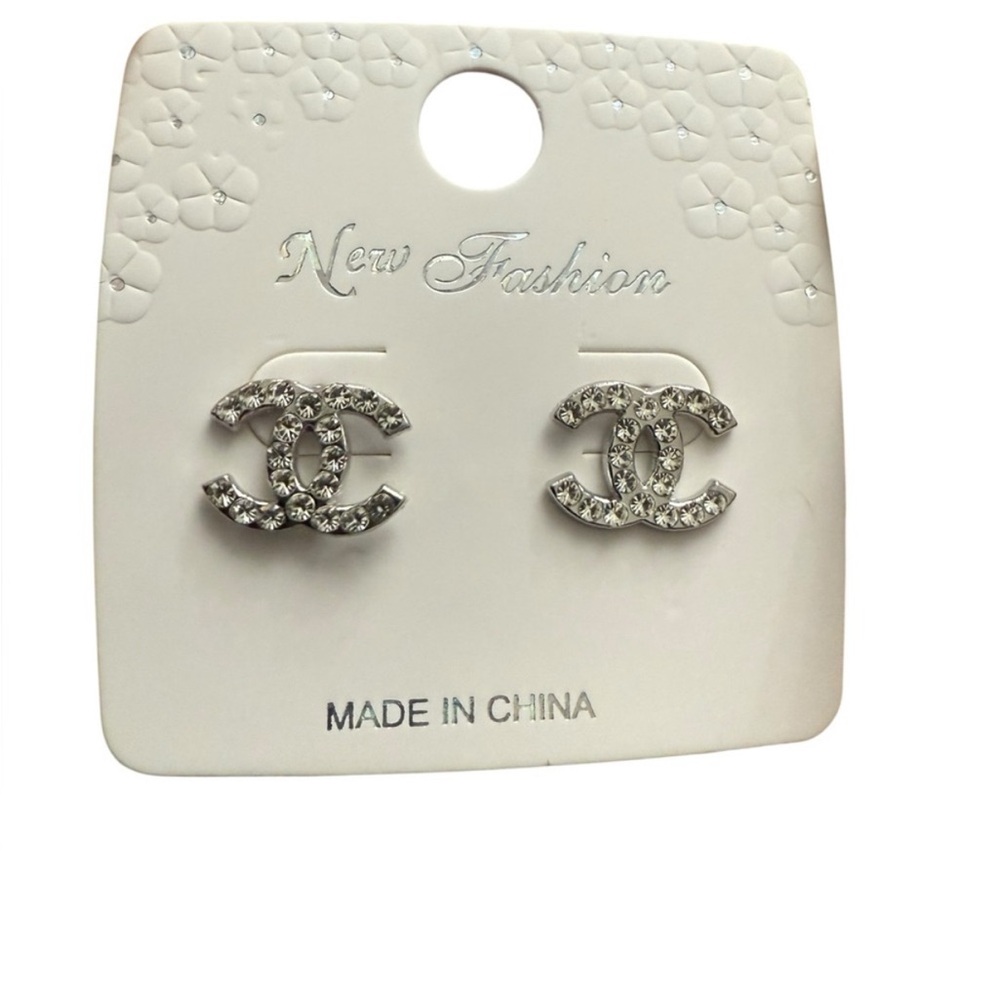 Chic Silver Crystal Logo Earrings